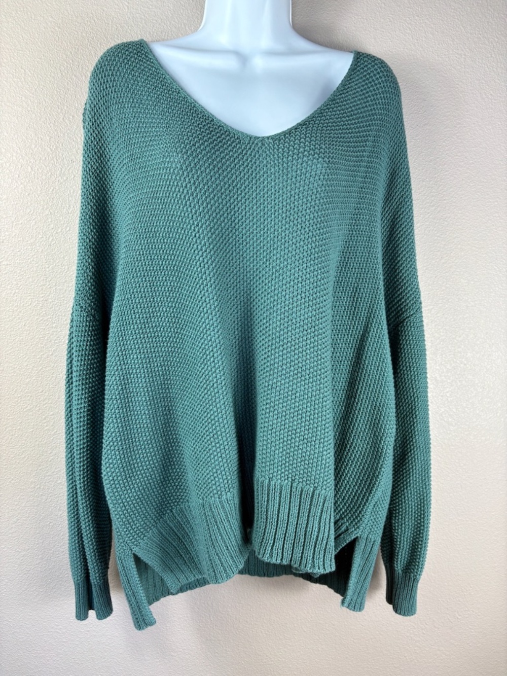 Lucky Brand Women's V-Neck Textured Knit Cotton Sweater Green Size L High Low
